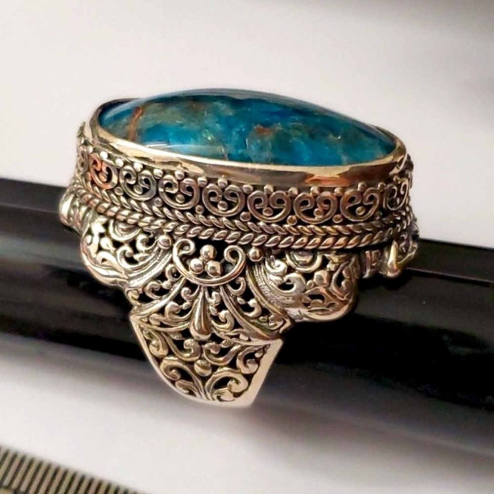 Rare SARDA Sterling Silver 925 Turquoise Apatite Art Deco Filigree Detailed Ring